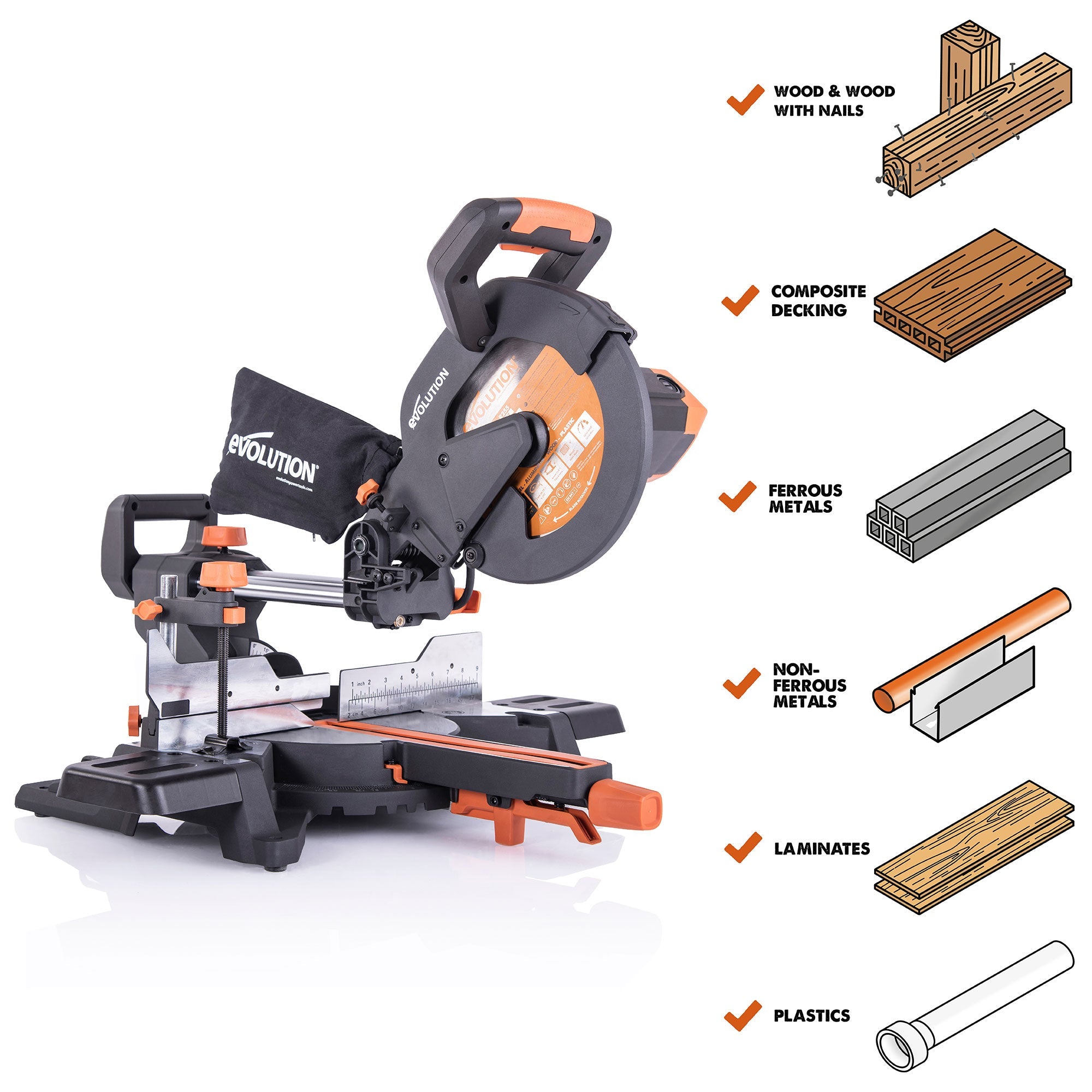 Evolution R255SMS+: Single Bevel Sliding Miter Saw With 10 in. Multi-Material Cutting Blade