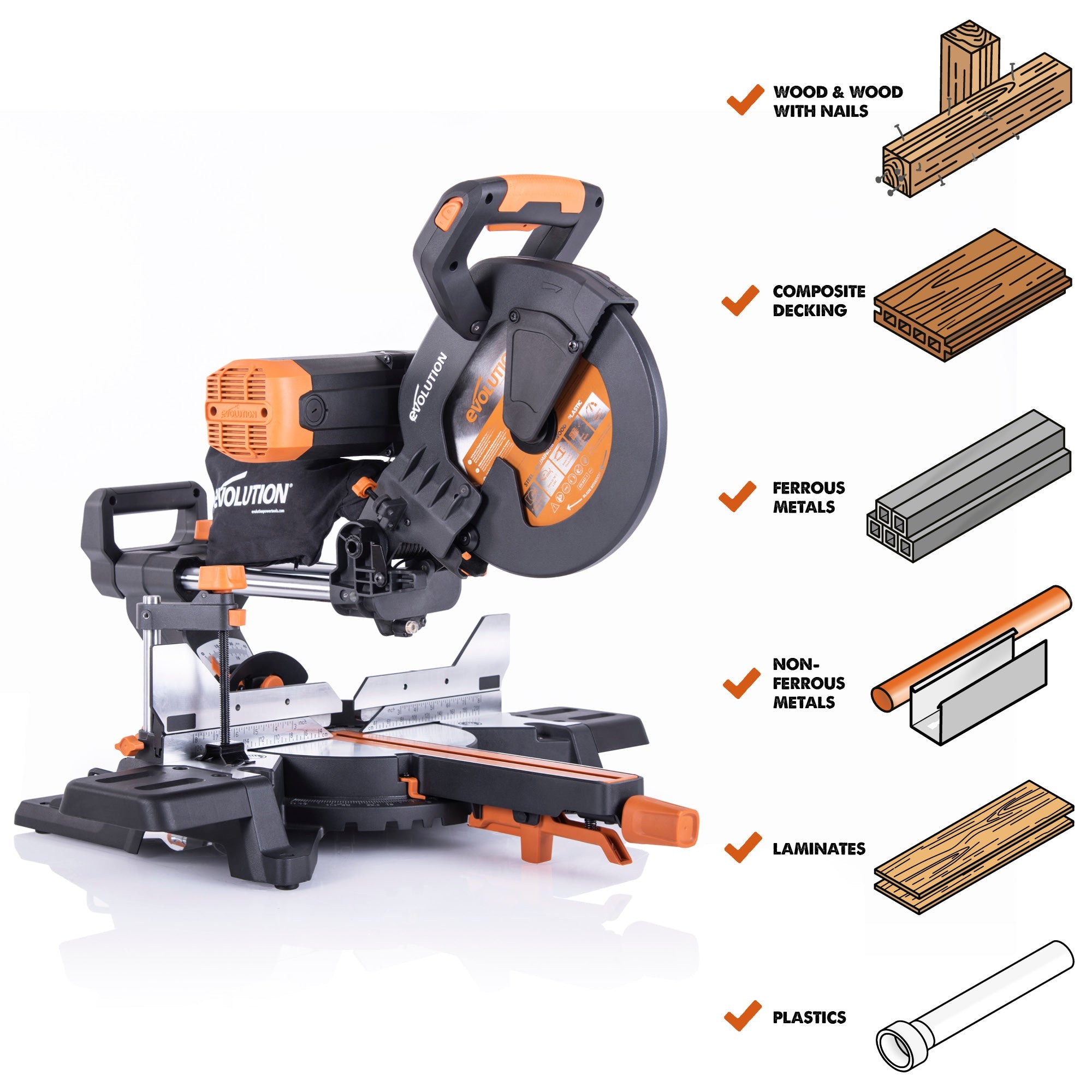 Evolution R255SMS-DB+: Dual Bevel Sliding Miter Saw With 10 in. Multi-Material Cutting Blade