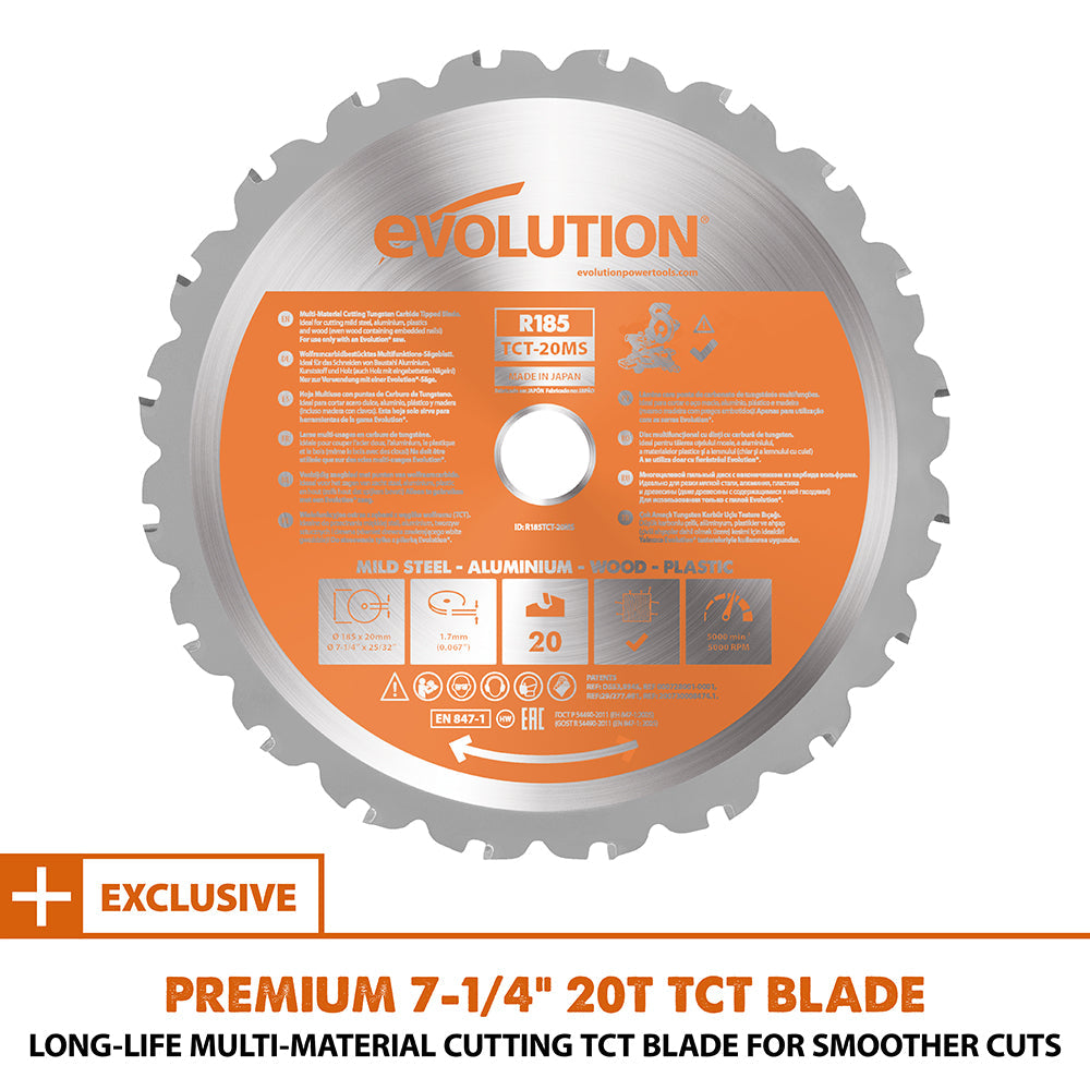 Evolution R185SMS+: Single Bevel Sliding Miter Saw With 7-1/4 in. Multi-Material Cutting Blade