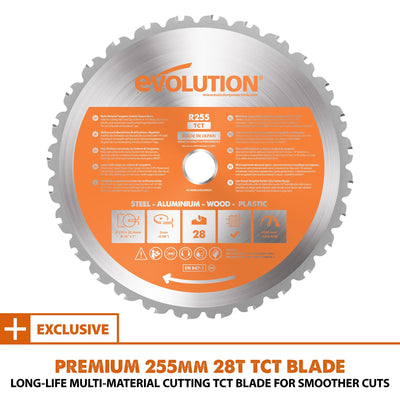 Evolution R255SMS+: Single Bevel Sliding Miter Saw With 10 in. Multi-Material Cutting Blade