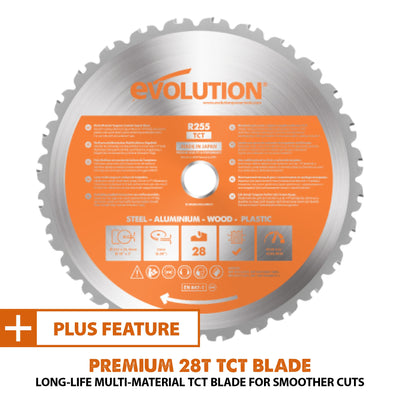 Evolution R255SMS-DB+: Dual Bevel Sliding Miter Saw With 10 in. Multi-Material Cutting Blade