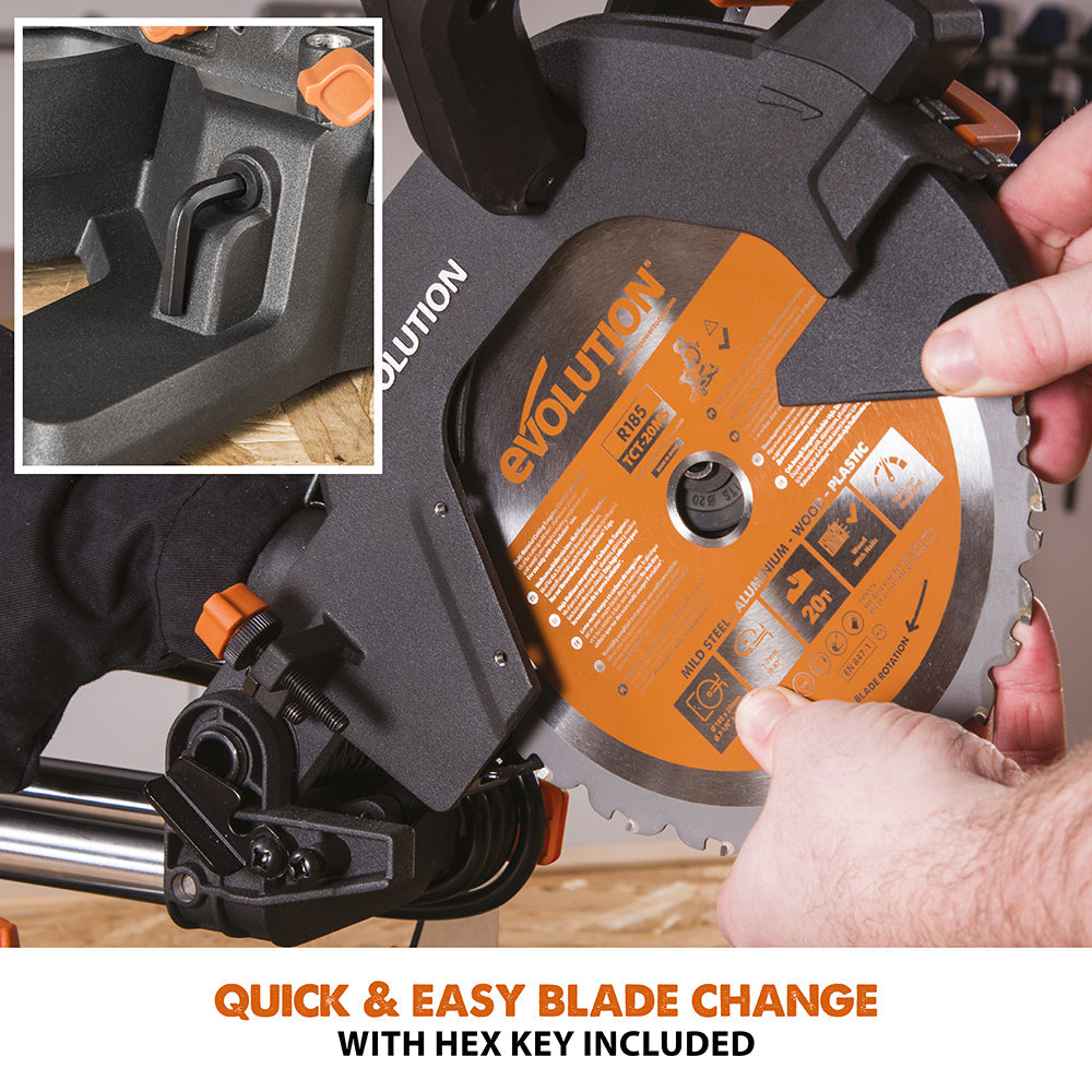 Evolution R185SMS+: Single Bevel Sliding Miter Saw With 7-1/4 in. Multi-Material Cutting Blade