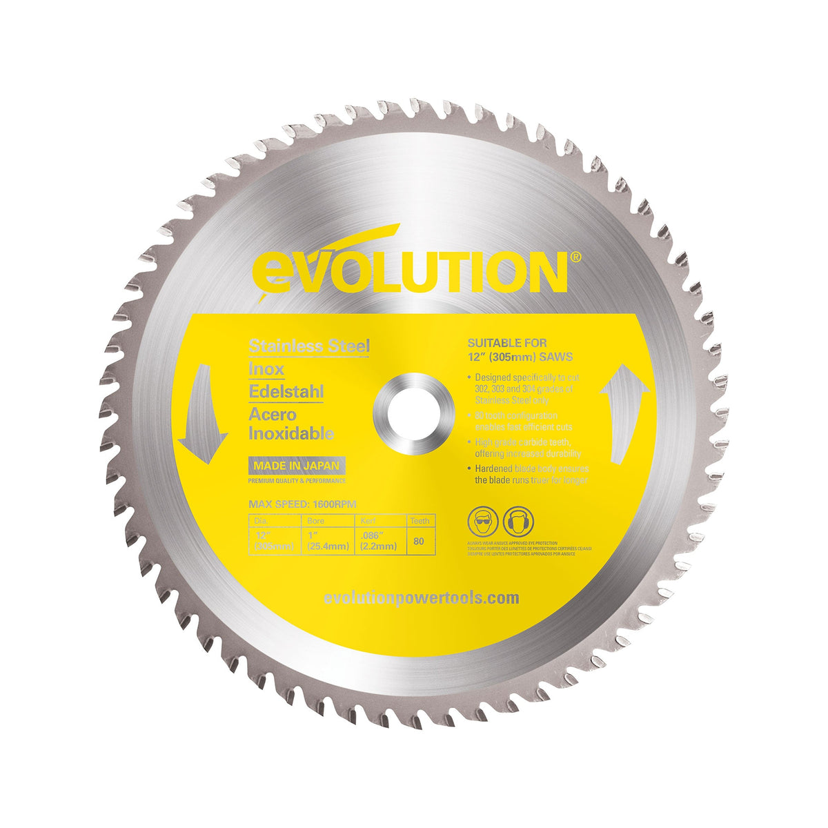 Evolution 12BLADESSN: 12 in. 80T, 1 in. Arbor, Tungsten Carbide Tipped ...