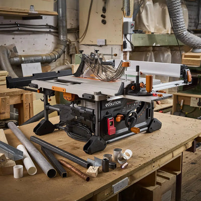 Evolution R10TBLX Multi-Material Table Saw with Wheeled Scissor Stand | 10 in. Multi-Material Cutting Blade