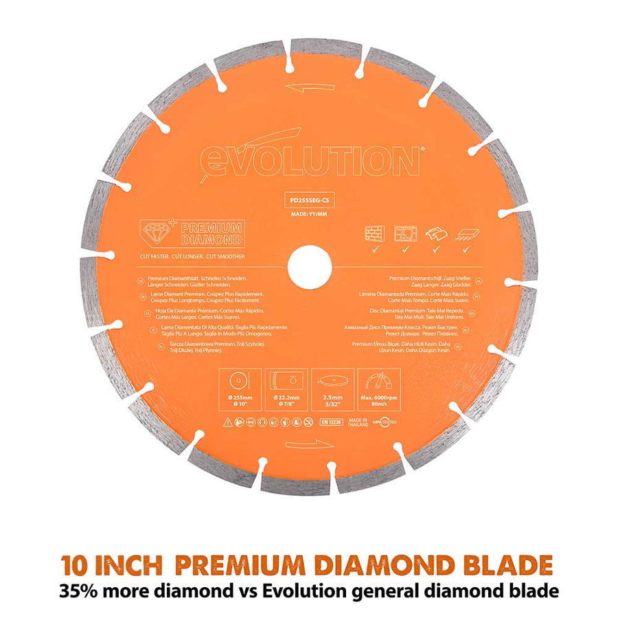 Evolution PD255SEG-CS | 10 in. | 7/8 in Arbor | High Diamond Concentration | Segmented Diamond Blade