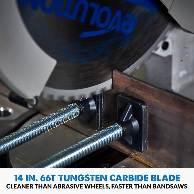 Evolution S355MCS: Mitering Chop Saw With 14 In. Mild Steel Blade | Heavy Duty | Metal Cutting